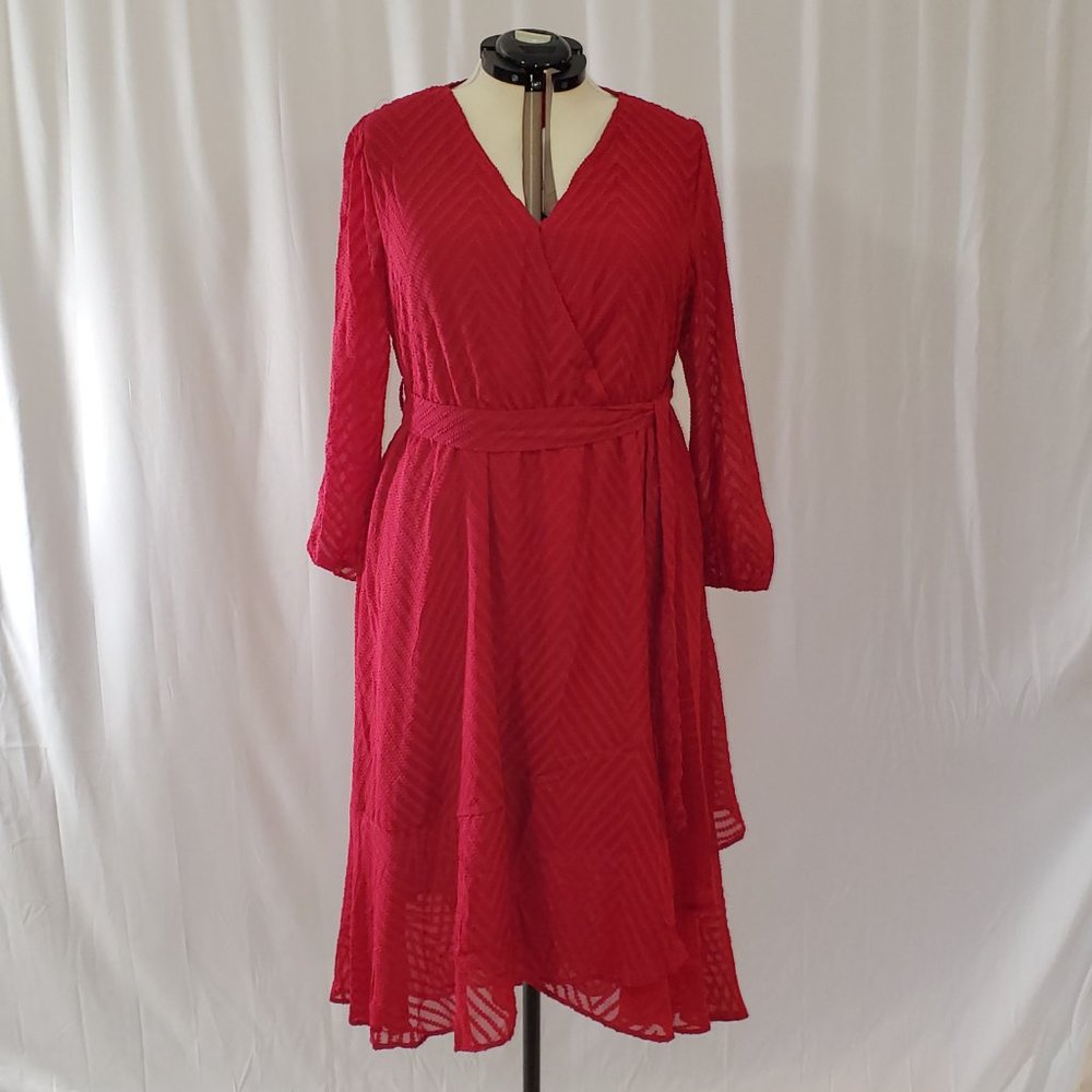 NWT Womens Red Geometric Dress Bloomchic Plus Size 2X Slip Belt Mesh Long Sleeve